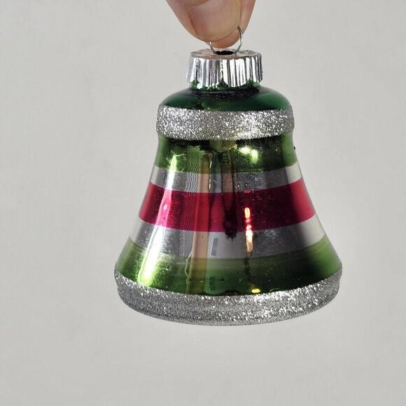 2 Christopher Radko Christmas Ornaments Shiny Brite Bell Stripe Red Green Silver - Picture 2 of 7